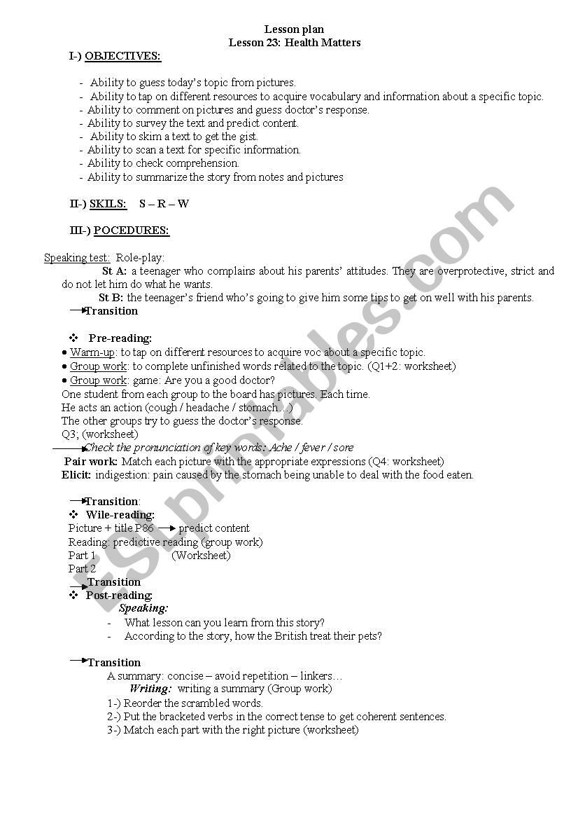 1st form lesson plan: Lesson 23: Health Matters