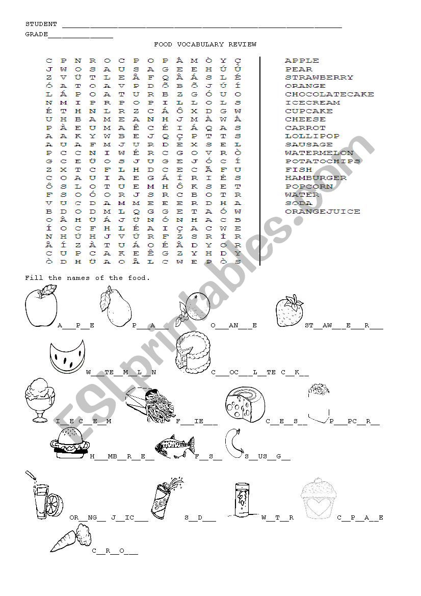 Food wordsearch worksheet