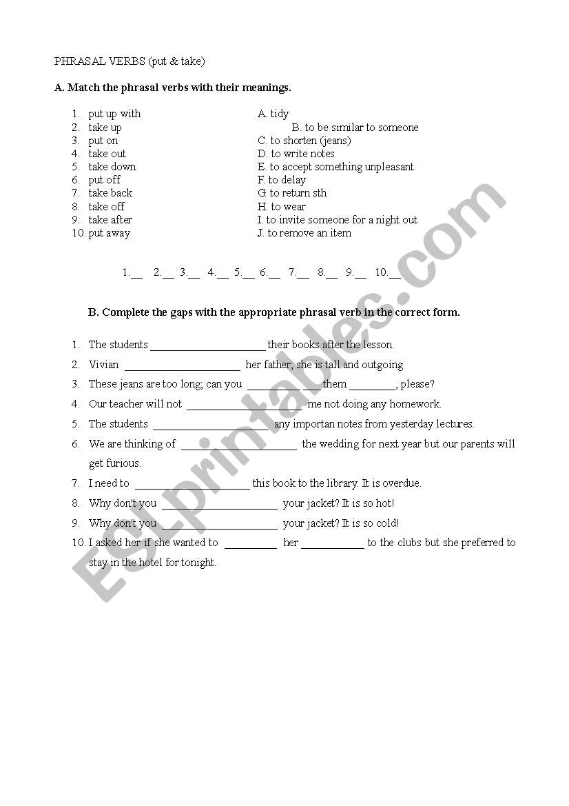 phrasal verbs put & take worksheet