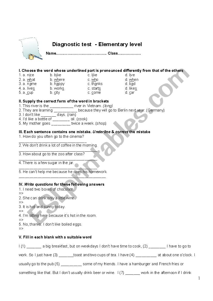 Elementary written test.  worksheet