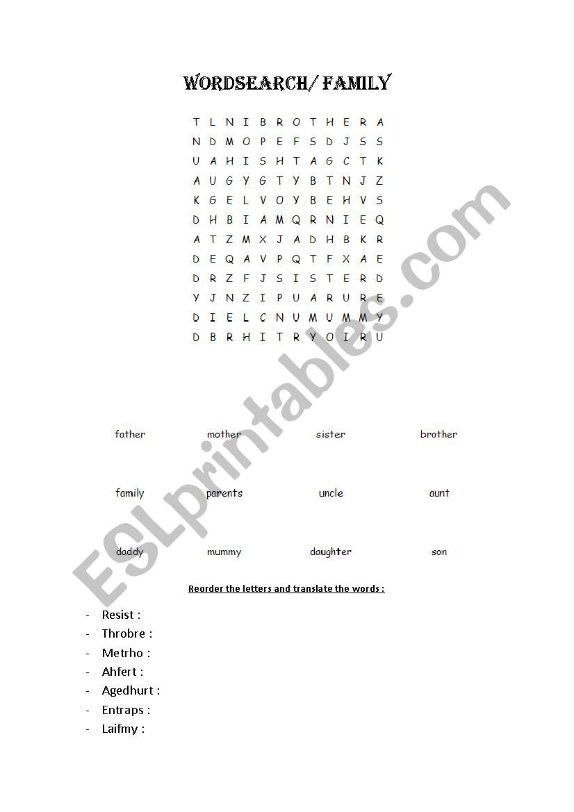 FAMILY WORDSEARCH PUZZLE worksheet