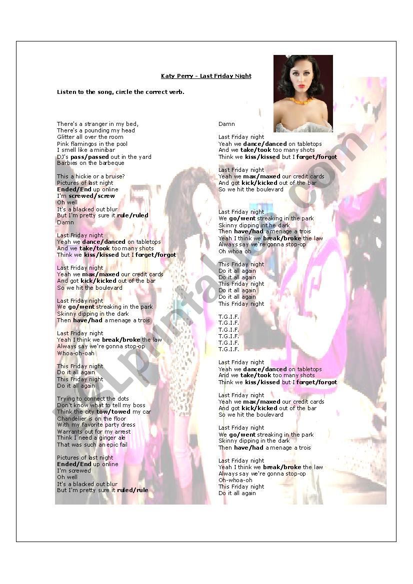 Song Worksheet - Katy Perry - Last Friday Night