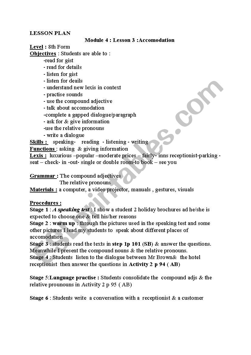 Module 4 lesson 3 accomodation 8th form