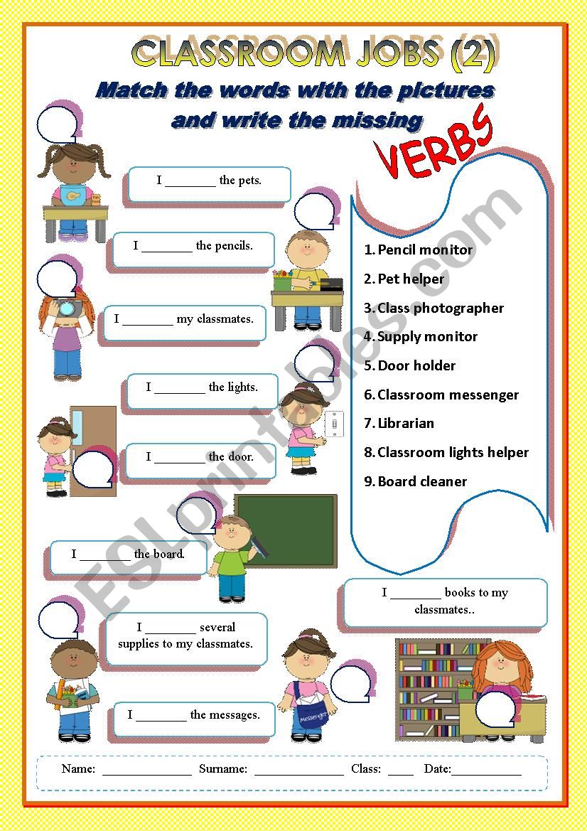 Classroom jobs: pictionary and missing verbs 