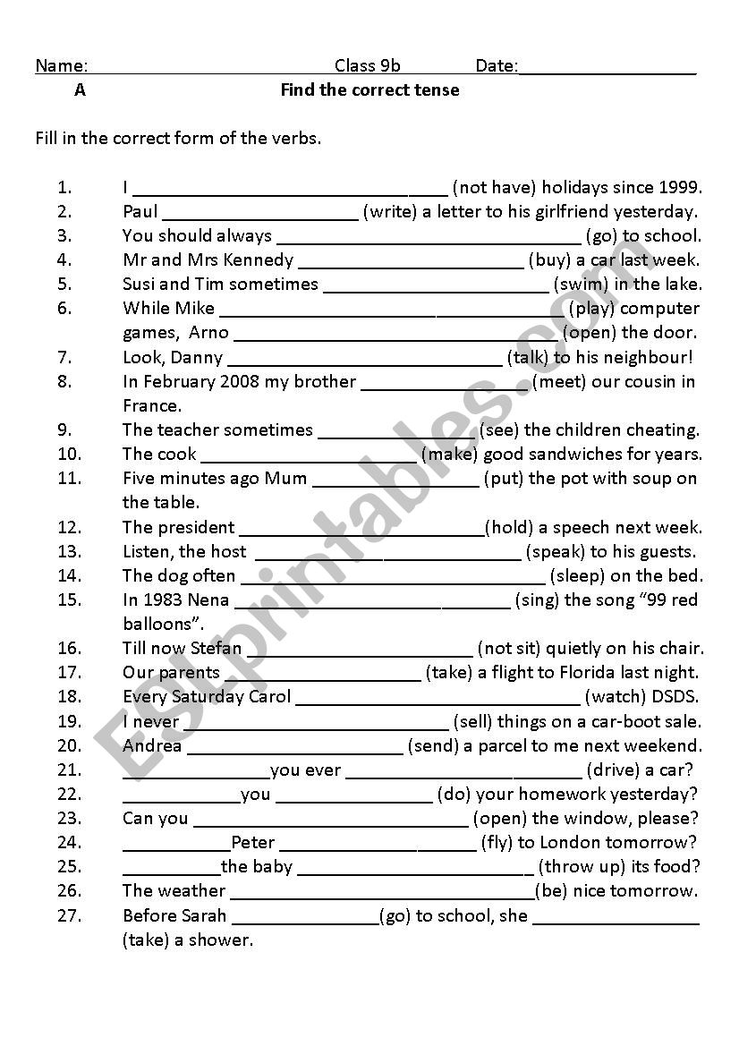 Tenses training worksheet