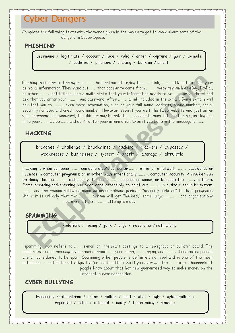 Cyberdangers worksheet