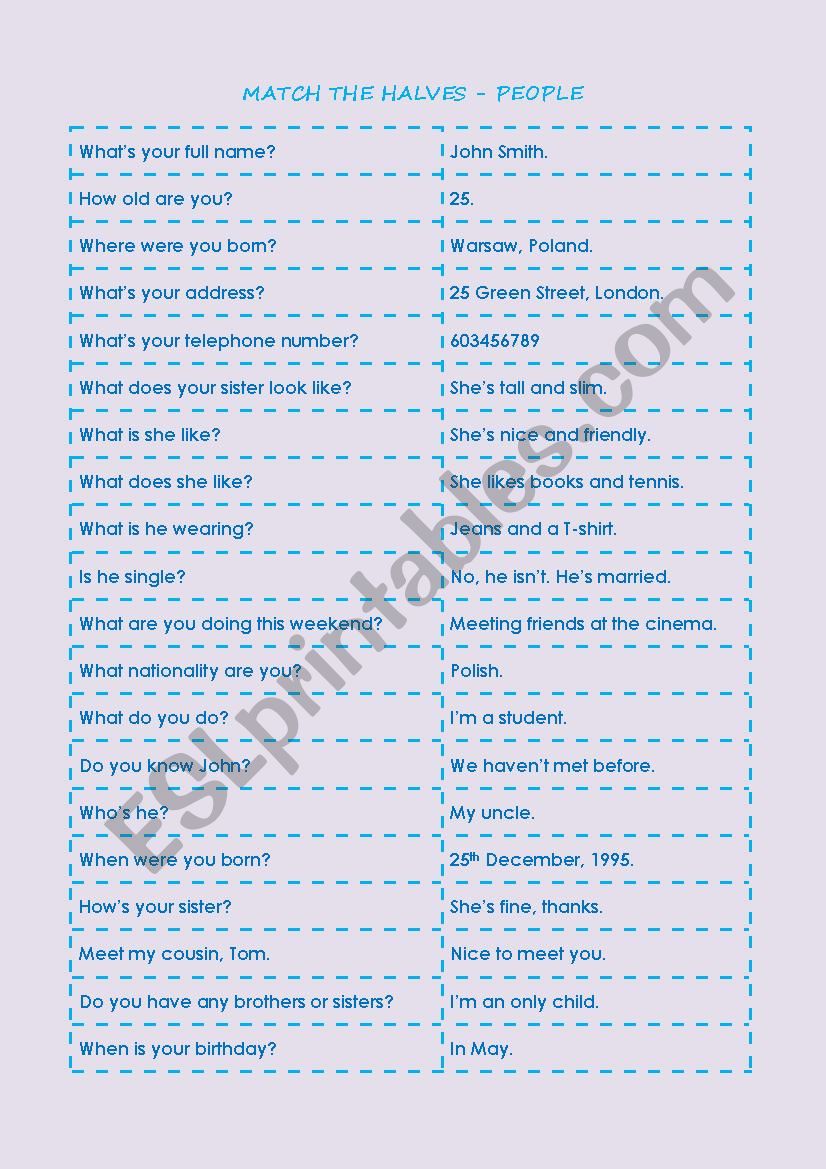 Match the halves - people worksheet