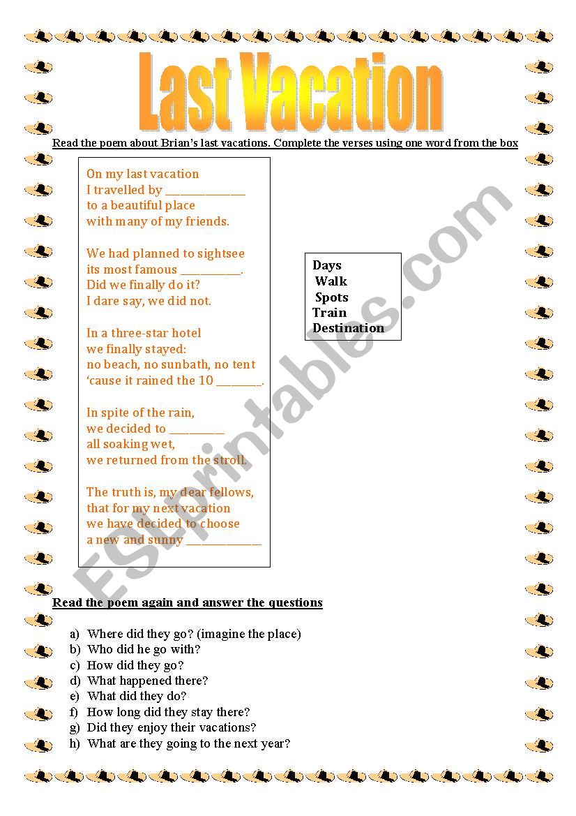 Last vacation poem worksheet