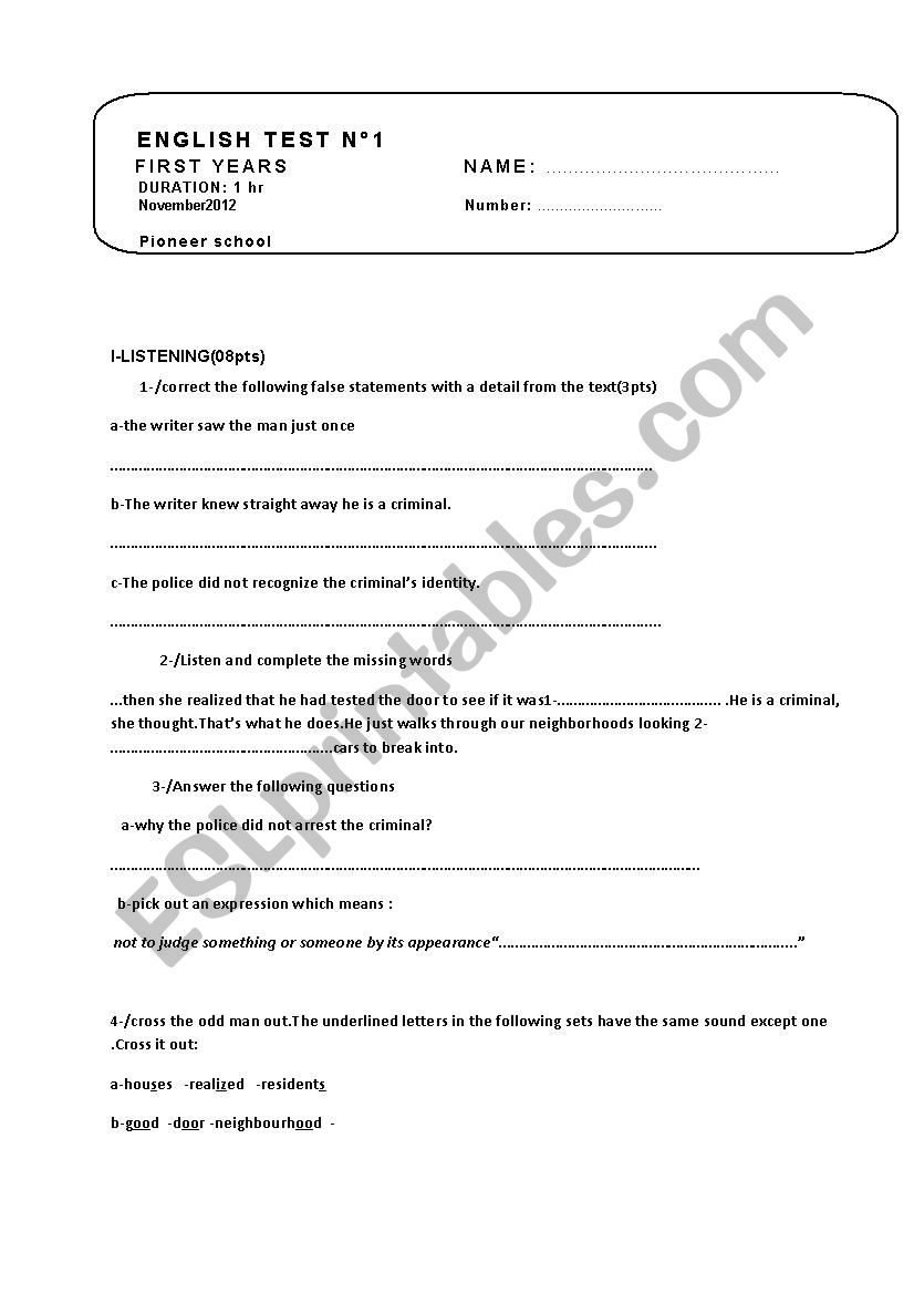 first year test nm1 a pioneer school