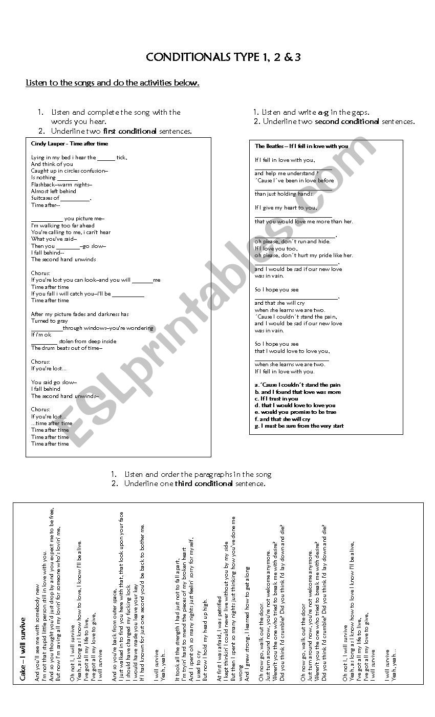 Conditionals 1, 2 & 3 Songs worksheet