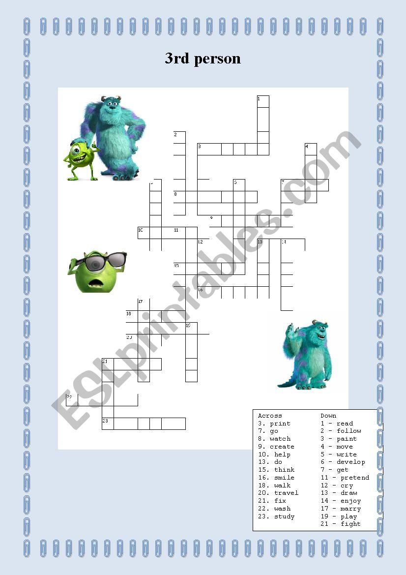 3 rd person Crossword worksheet