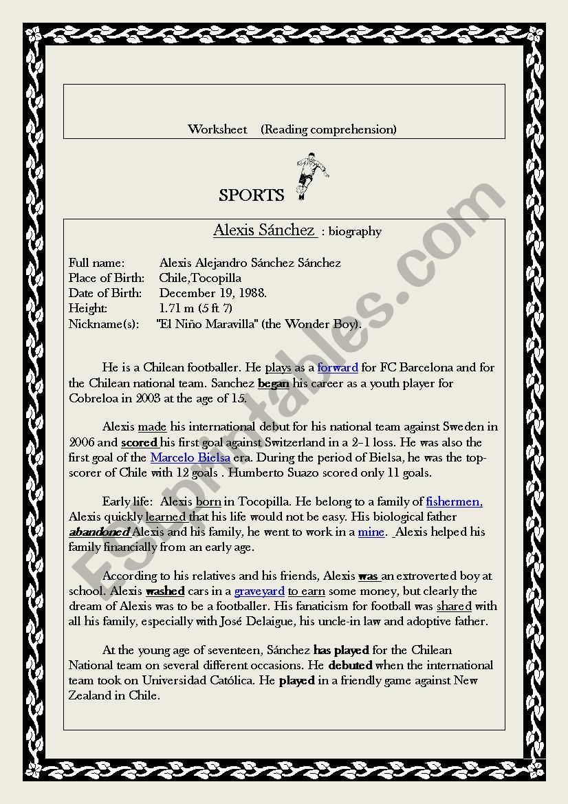 Alexis Sanchez Biography worksheet