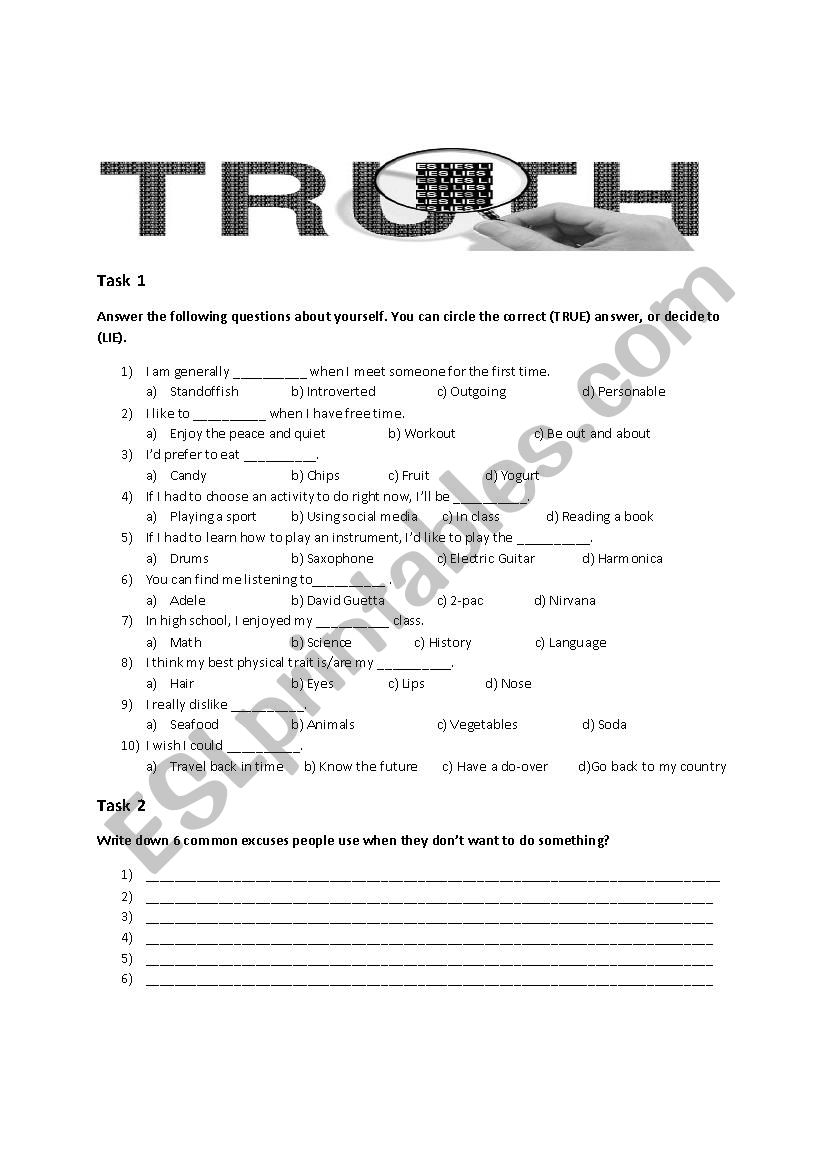 Honesty: Truth and Lies worksheet
