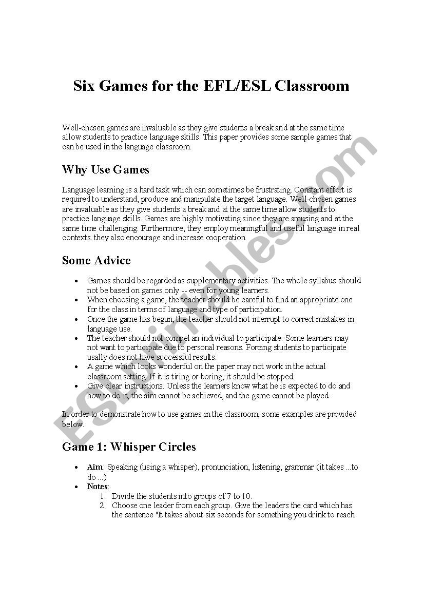 English language games worksheet