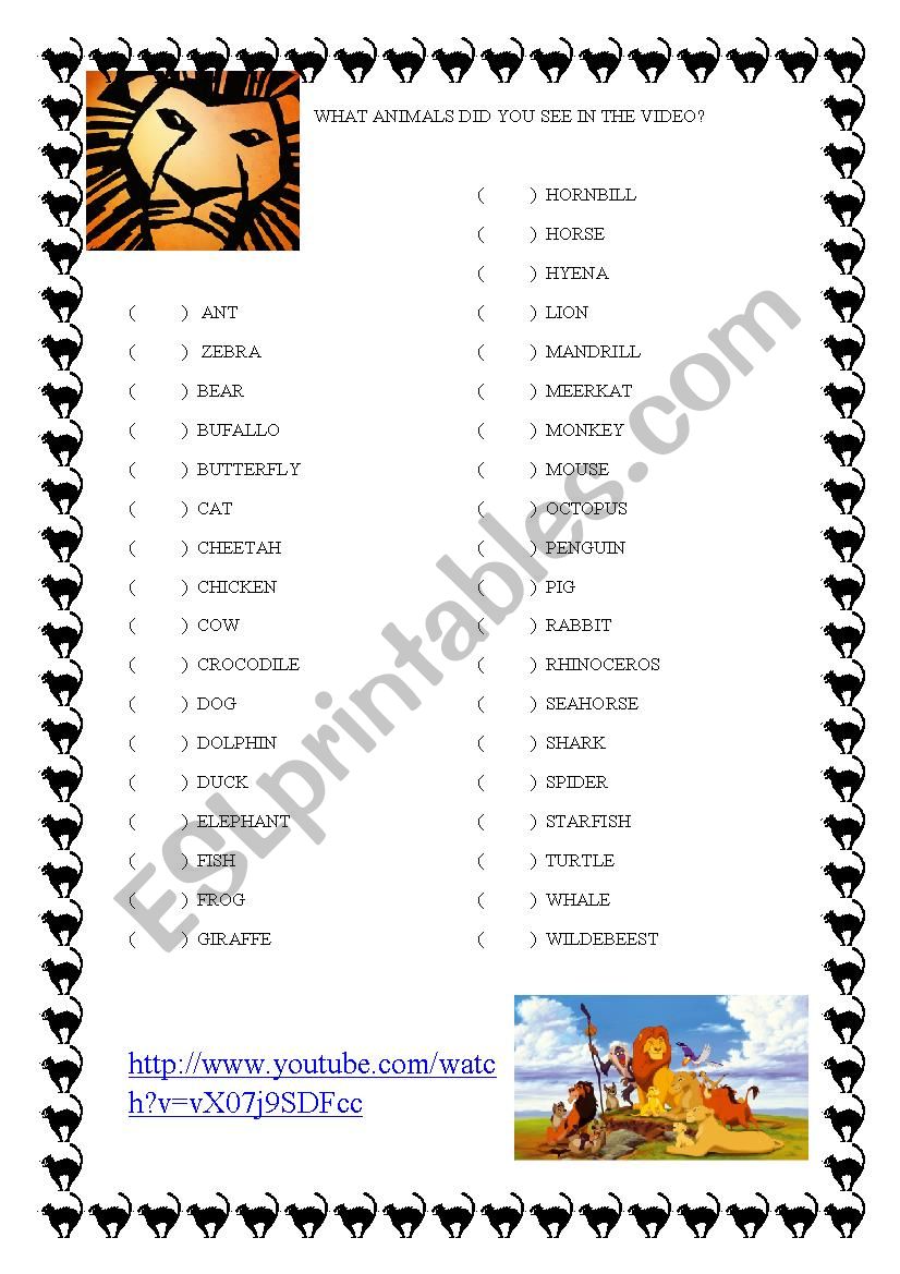 Animals - The Lion King Movie worksheet