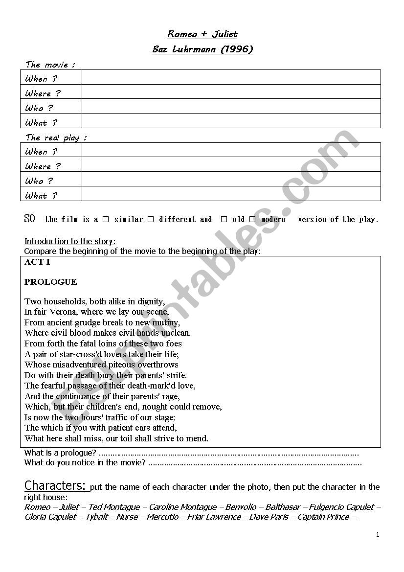 Worksheet Romeo + Juliet worksheet