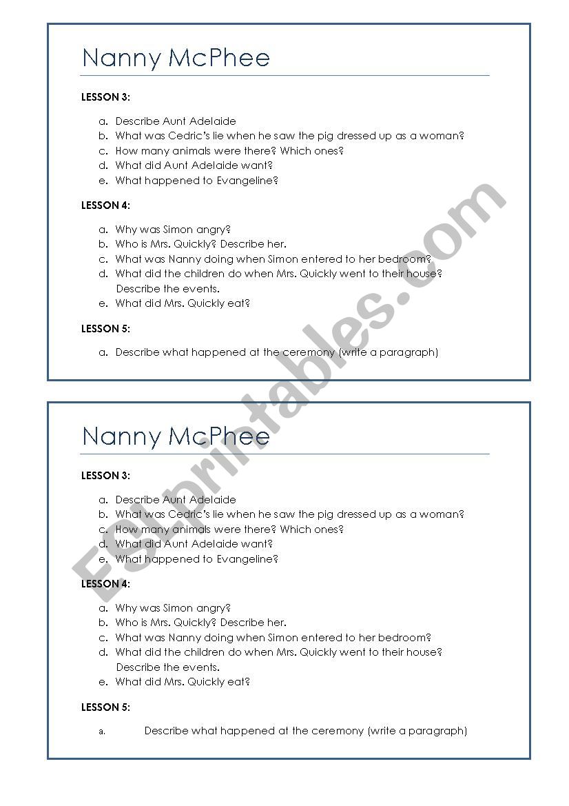 Nanny Mc Phee (lessons 3-5) worksheet