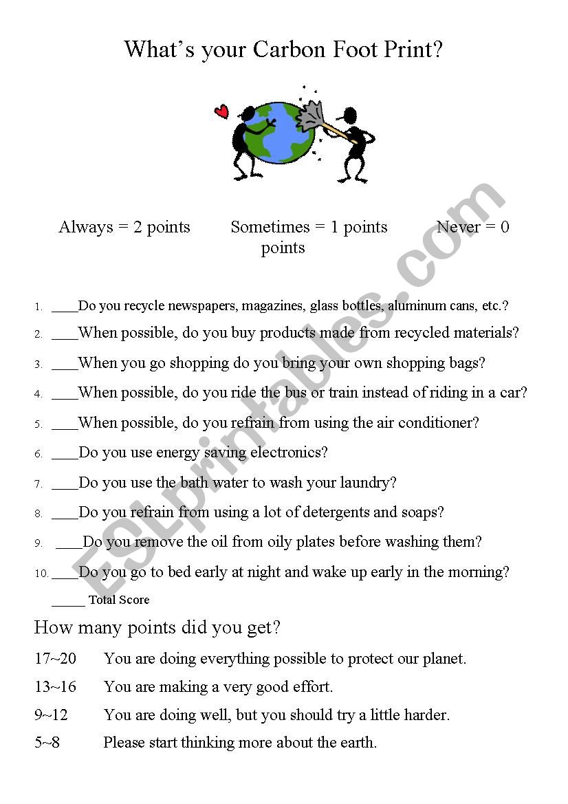 Carbon Footprint Quiz worksheet