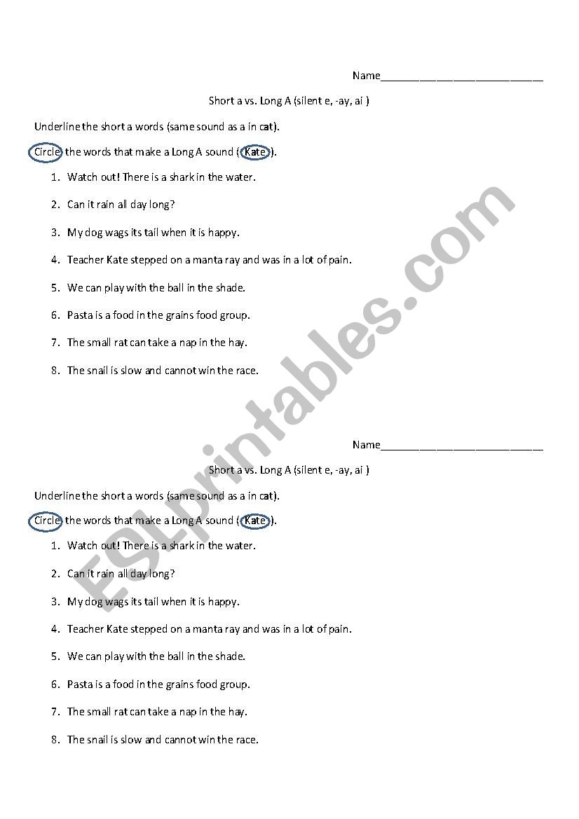 Long and short A worksheet