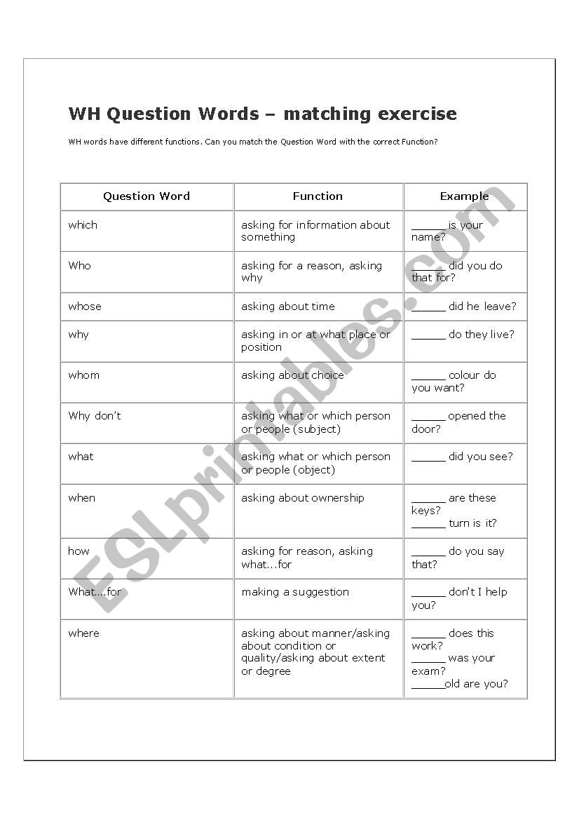 WH questions - matching exercise