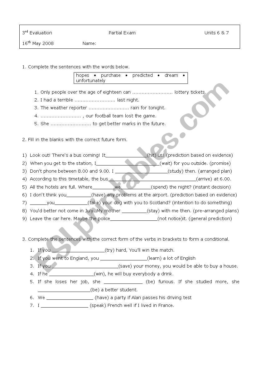 Futere and conditionals test worksheet
