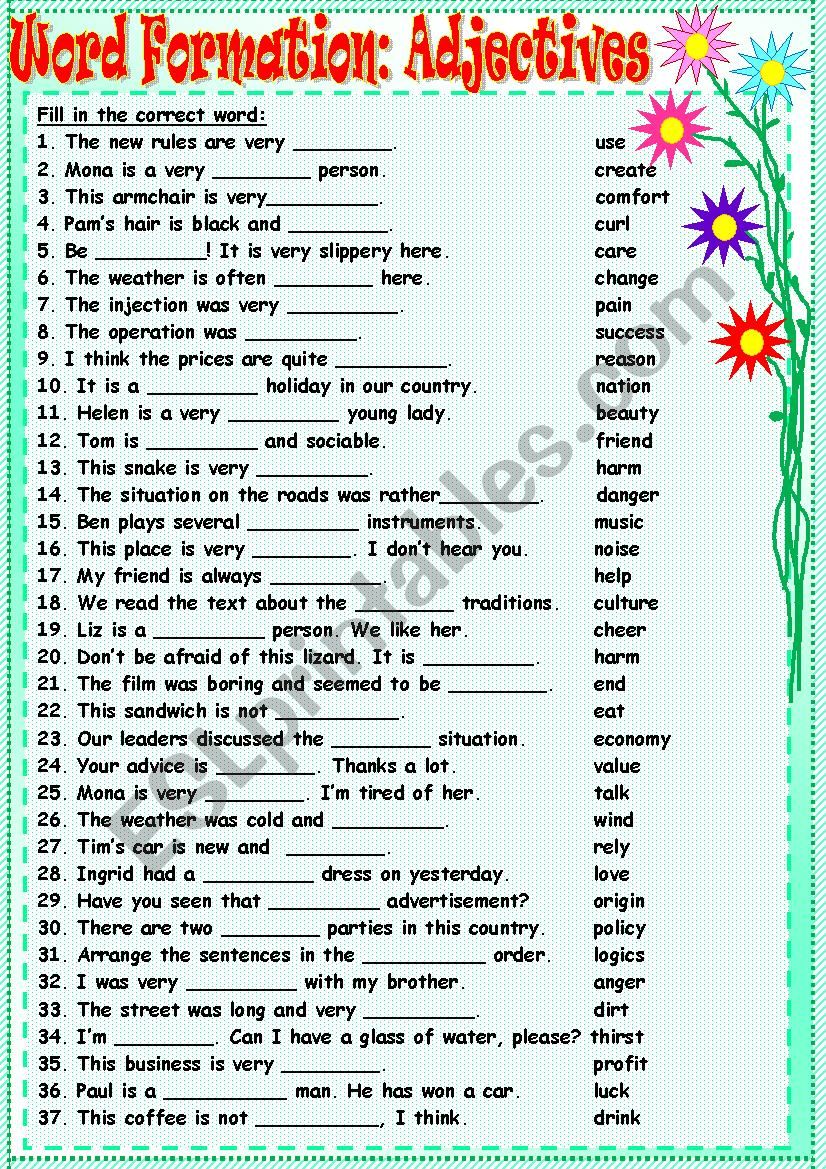 Word Formation:Adjectives worksheet