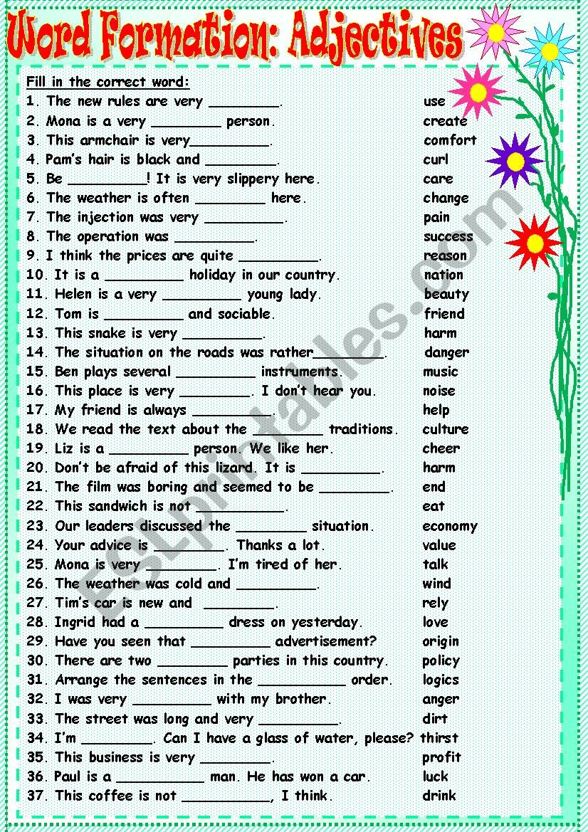 Word Formation:Adjectives worksheet