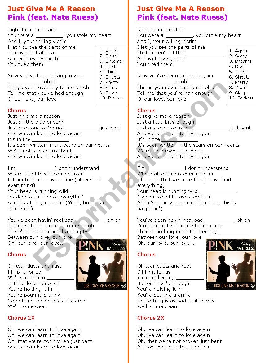 Pink - Just Give Me A Reason worksheet