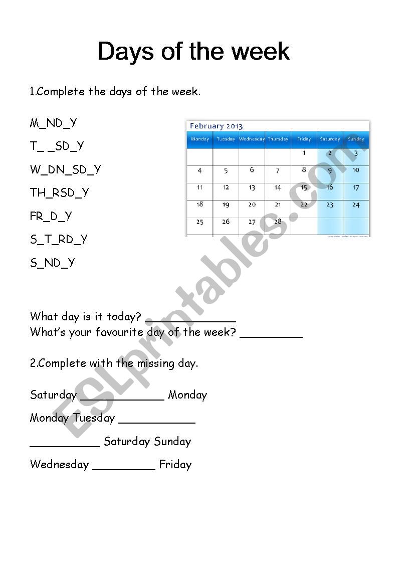 days of the week worksheet