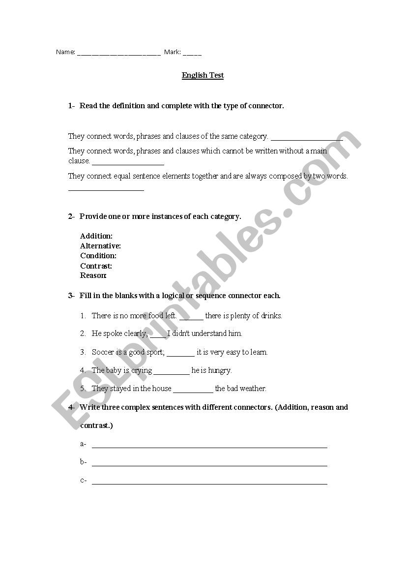 Test on connectors worksheet