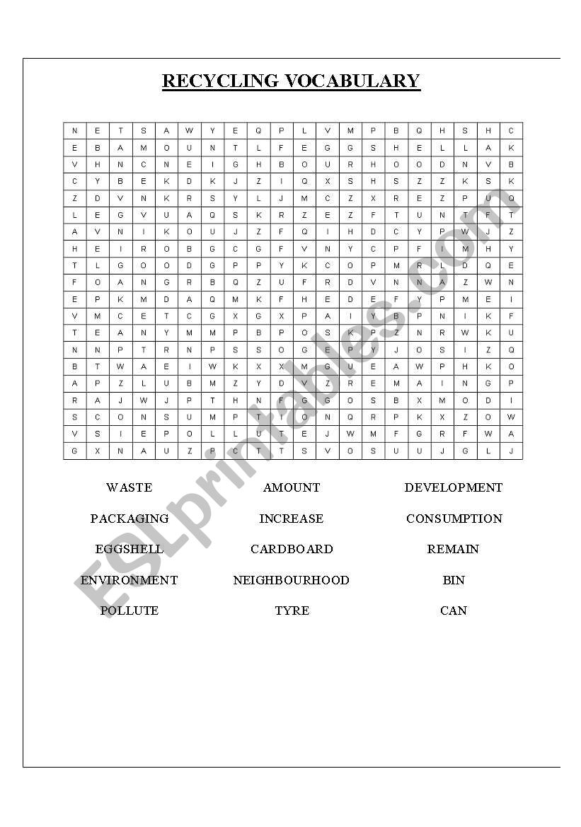 Wordsearch recycling worksheet