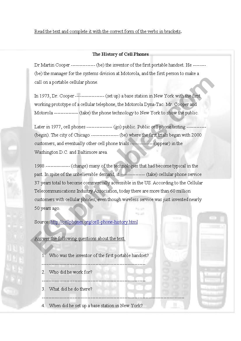 Cell Phones History worksheet