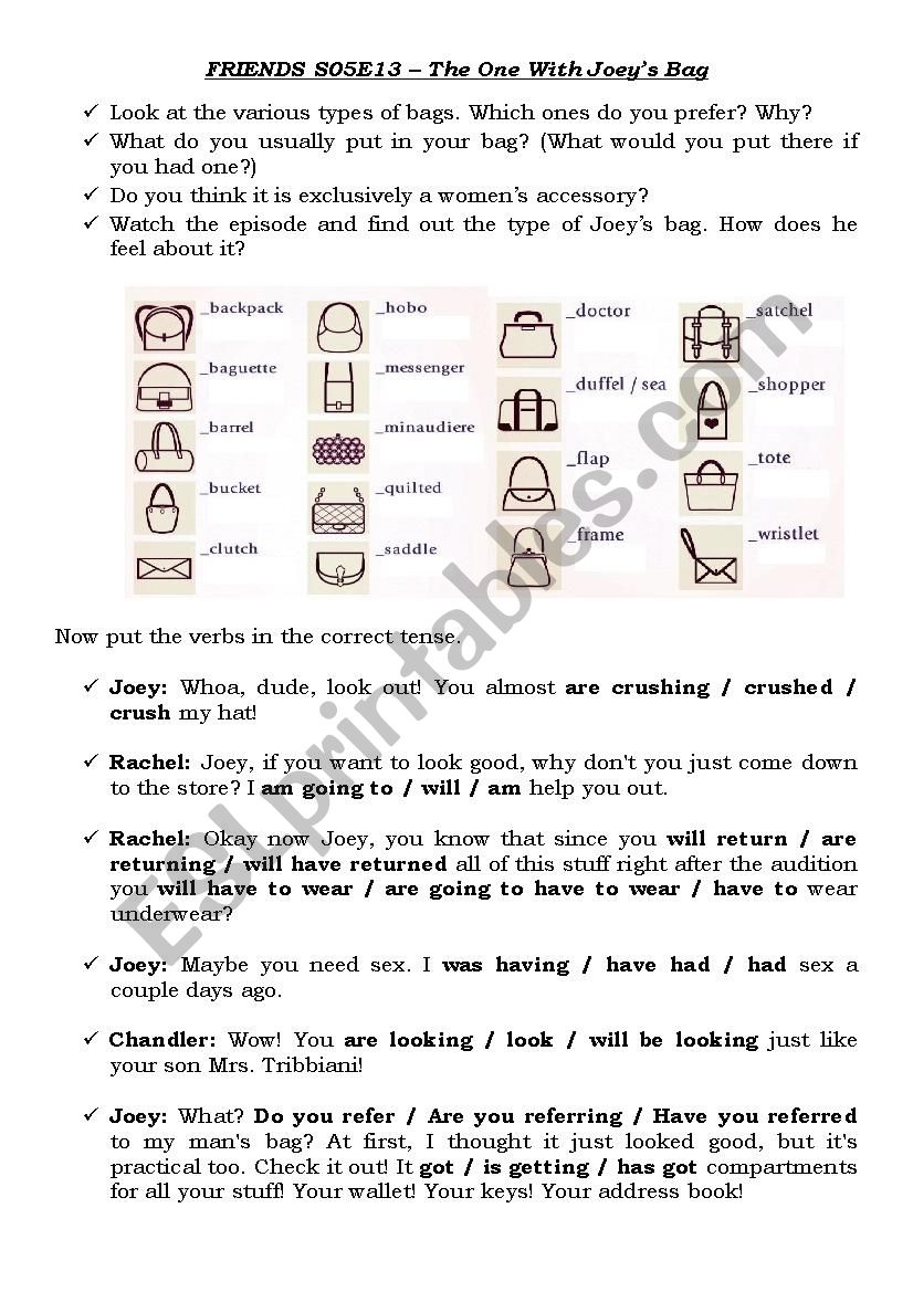THE ONE WITH JOEYS BAG worksheet