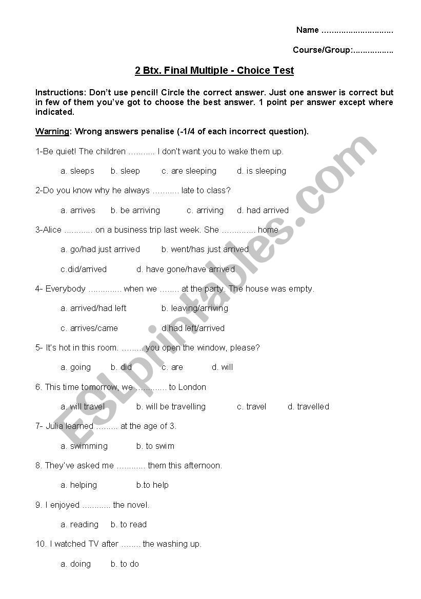 Final multiple-choice test worksheet