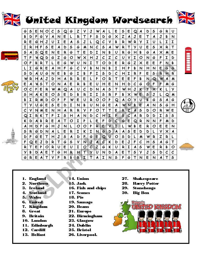 United Kingdom Wordsearch worksheet