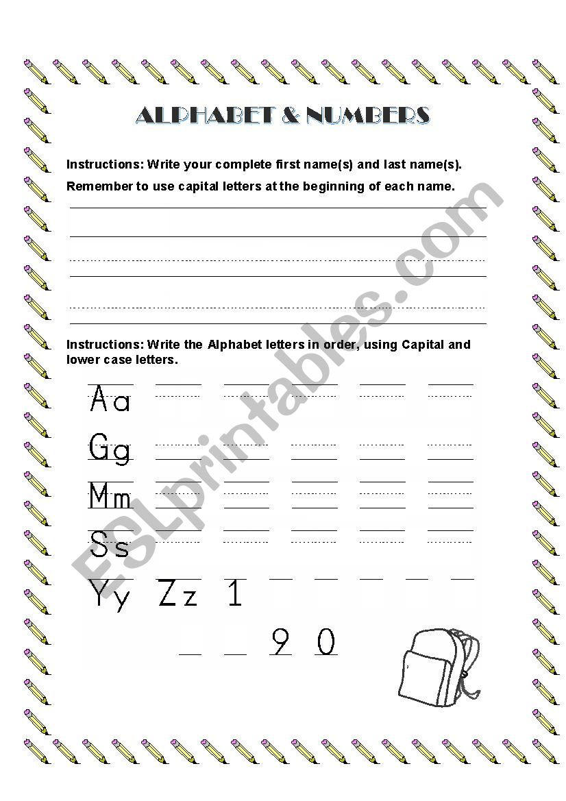 Alphabet and numbers worksheet