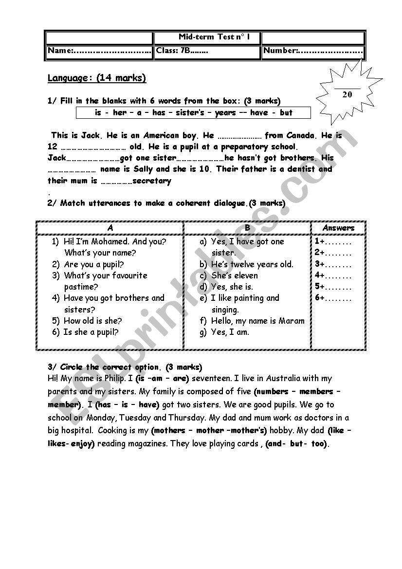 mid-term test nÂ°1 7th form worksheet