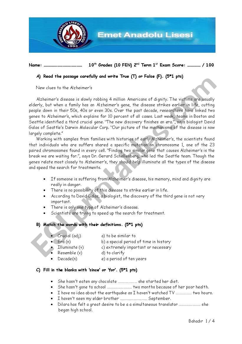 an exam worksheet