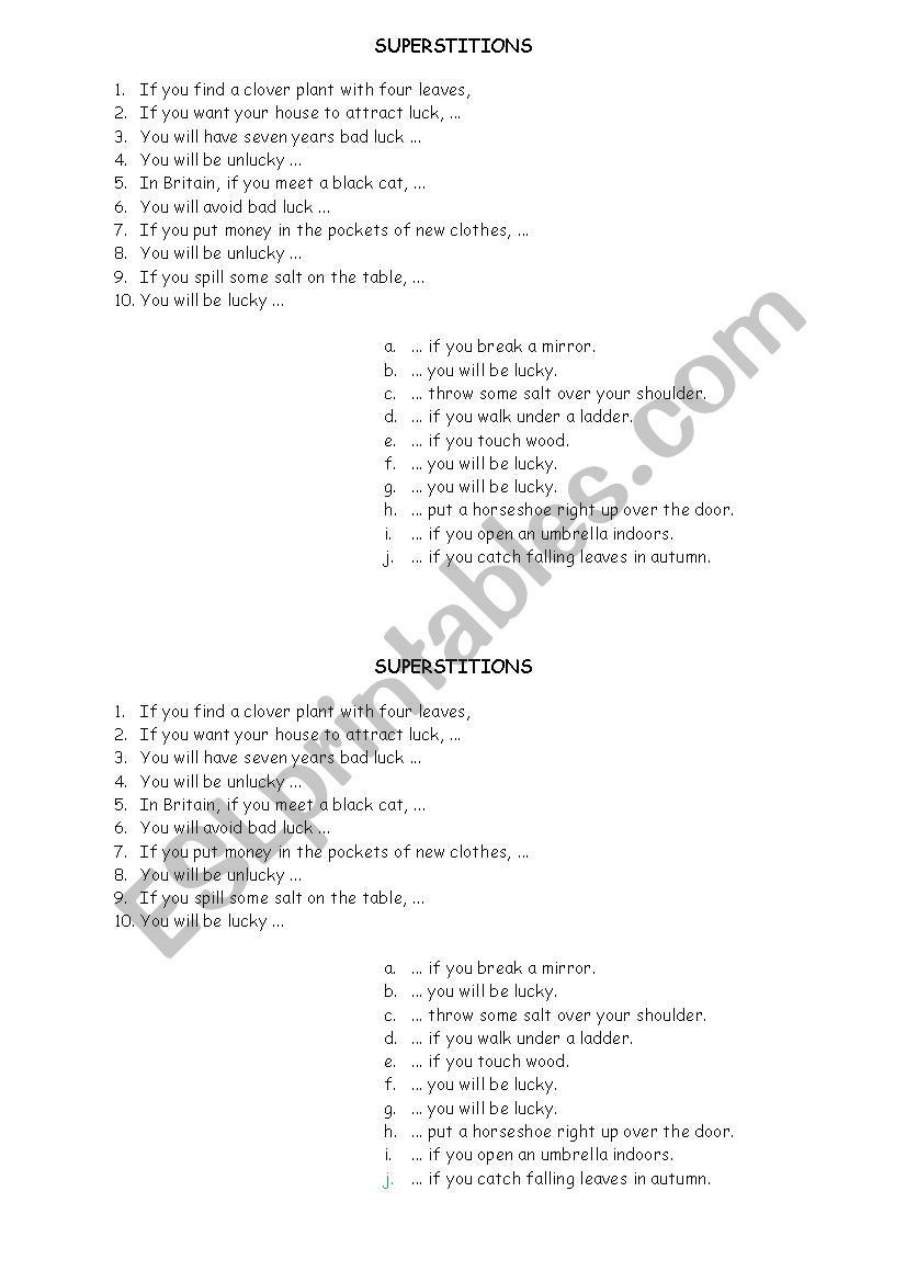 Superstitions worksheet