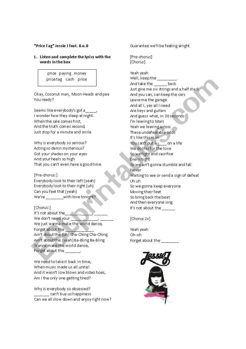 Price Tag by Jessie J worksheet