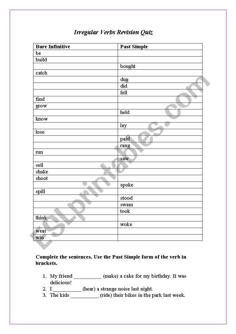 Irregular Verbs Review Quiz worksheet