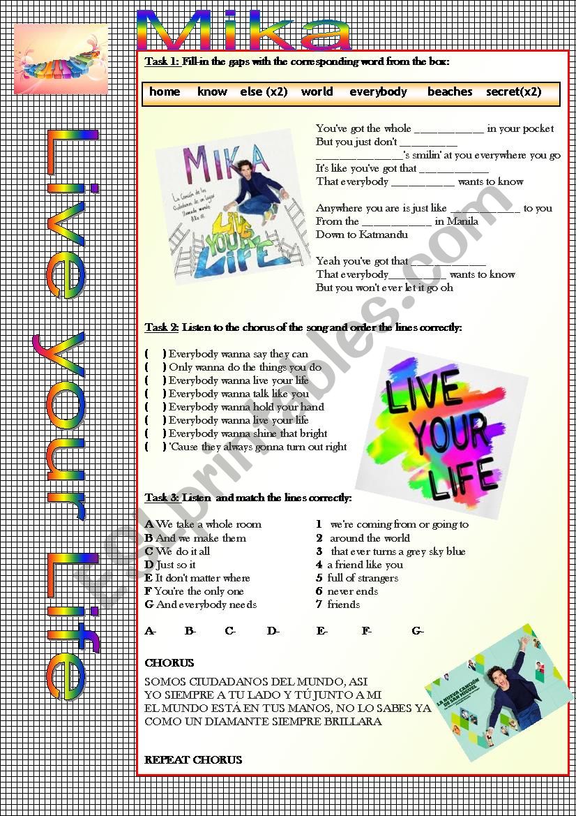 Song - Live your life - Mika worksheet