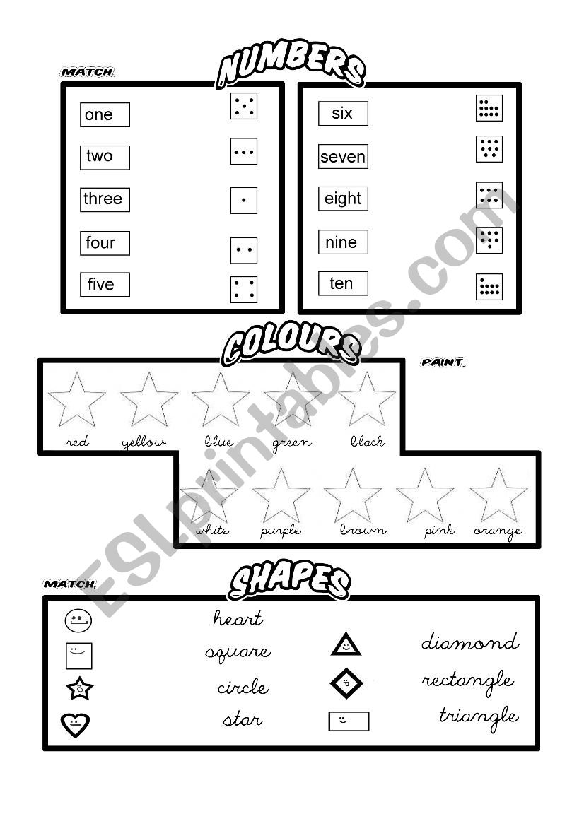 Numbers, Colours and Shapes. worksheet