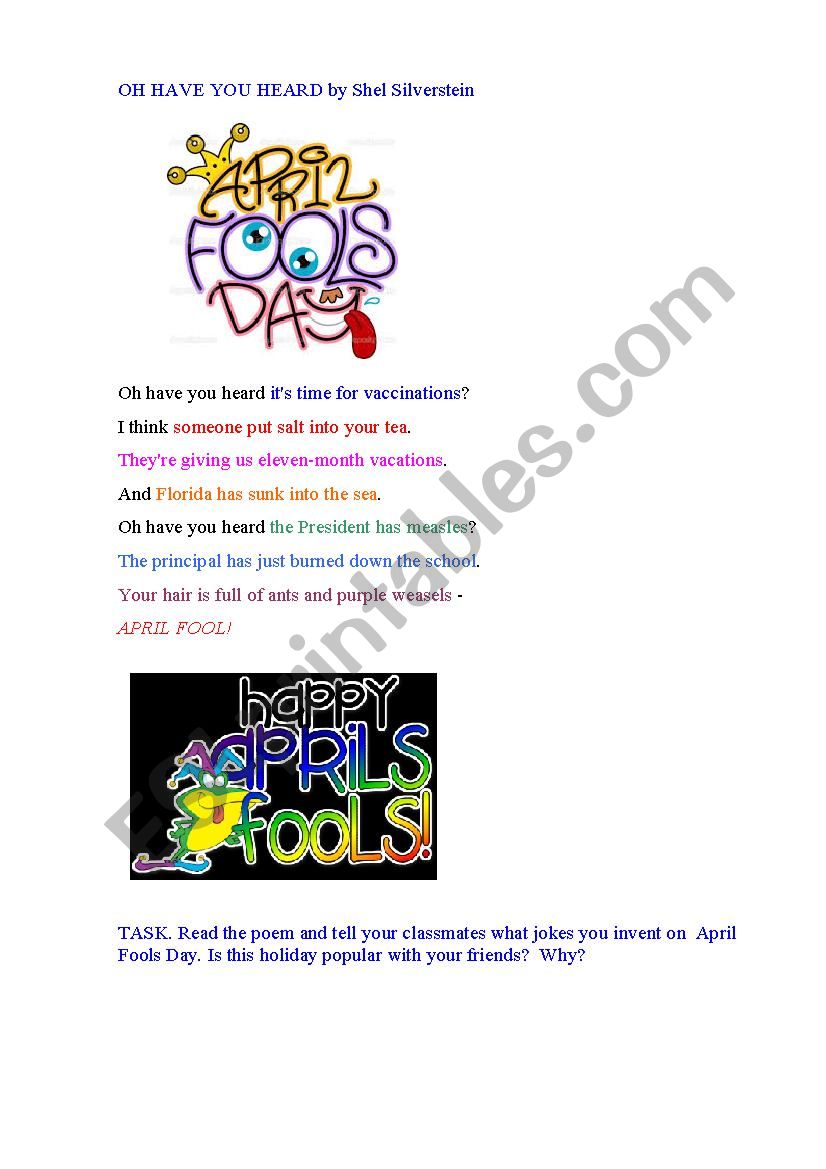 APRIL FOOLS DAY (a poem) worksheet