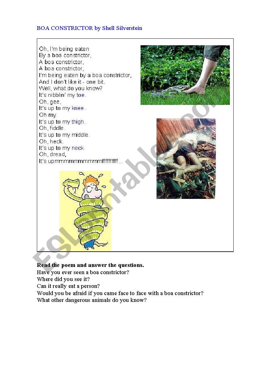 BOA CONSTRICTOR (a poem) worksheet