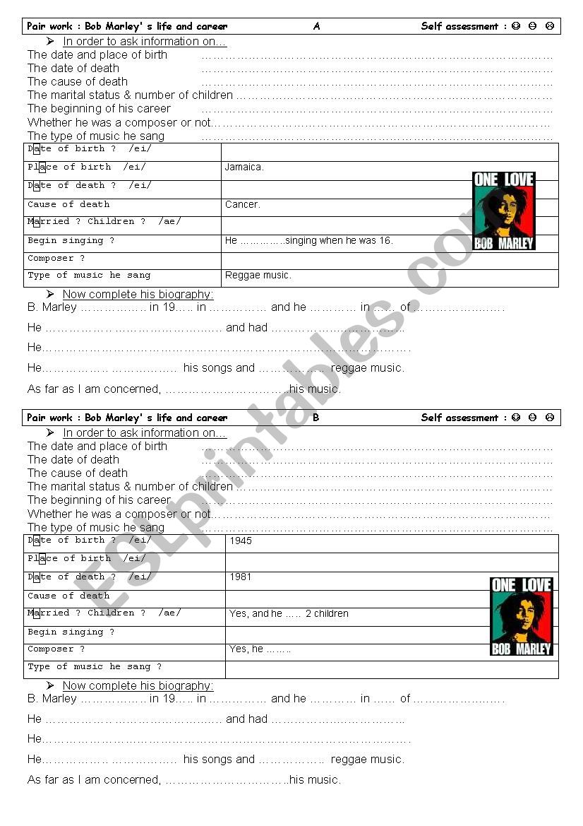 Bob Marley biography worksheet