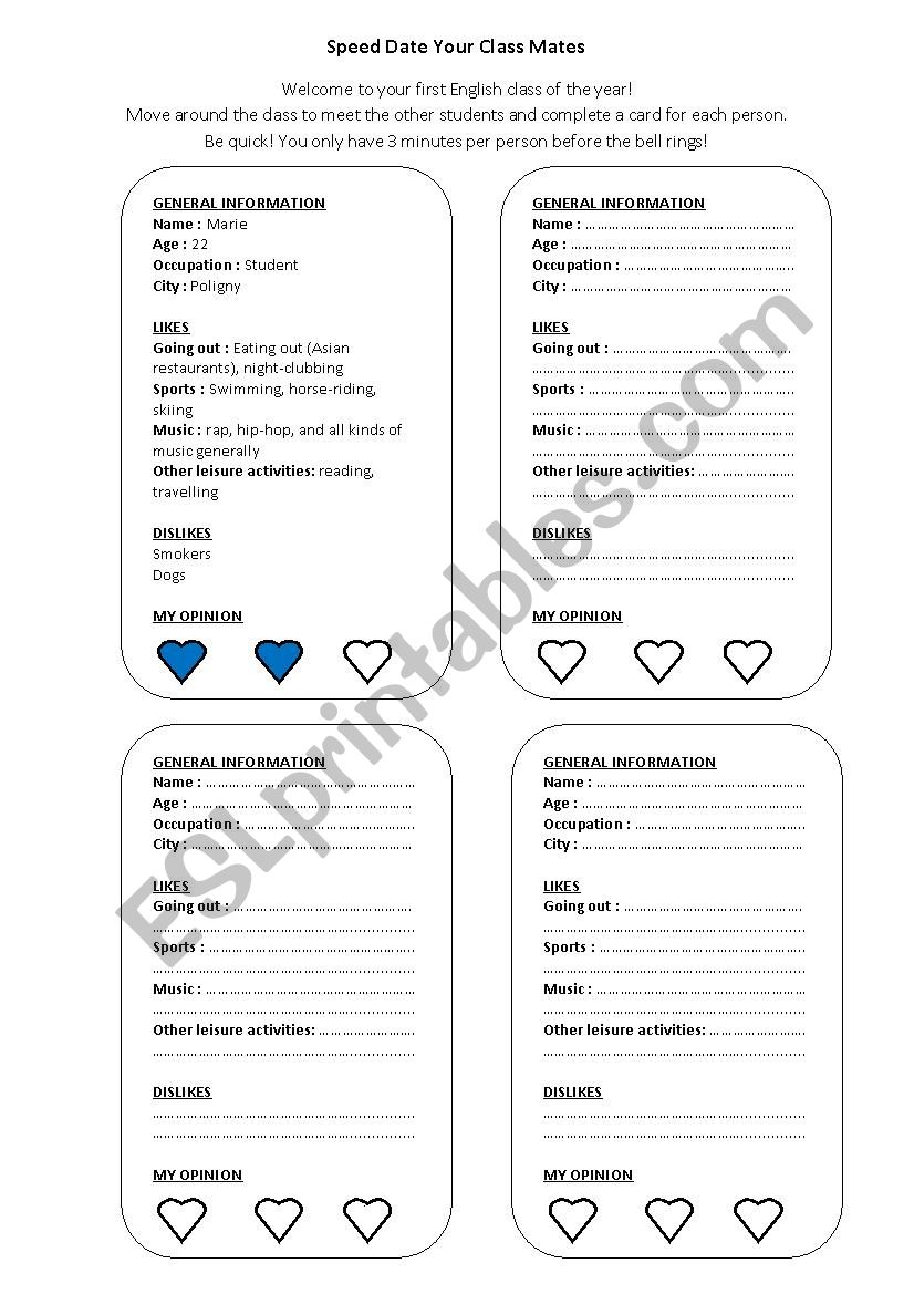 Speed Date Your Class Mates worksheet