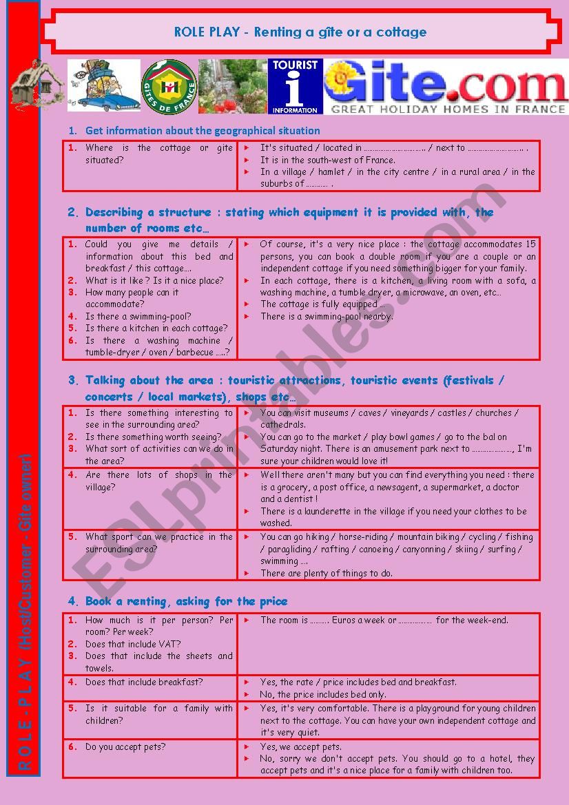 (Work Placement) Role-Play - Renting a gite or a cottage  6/8