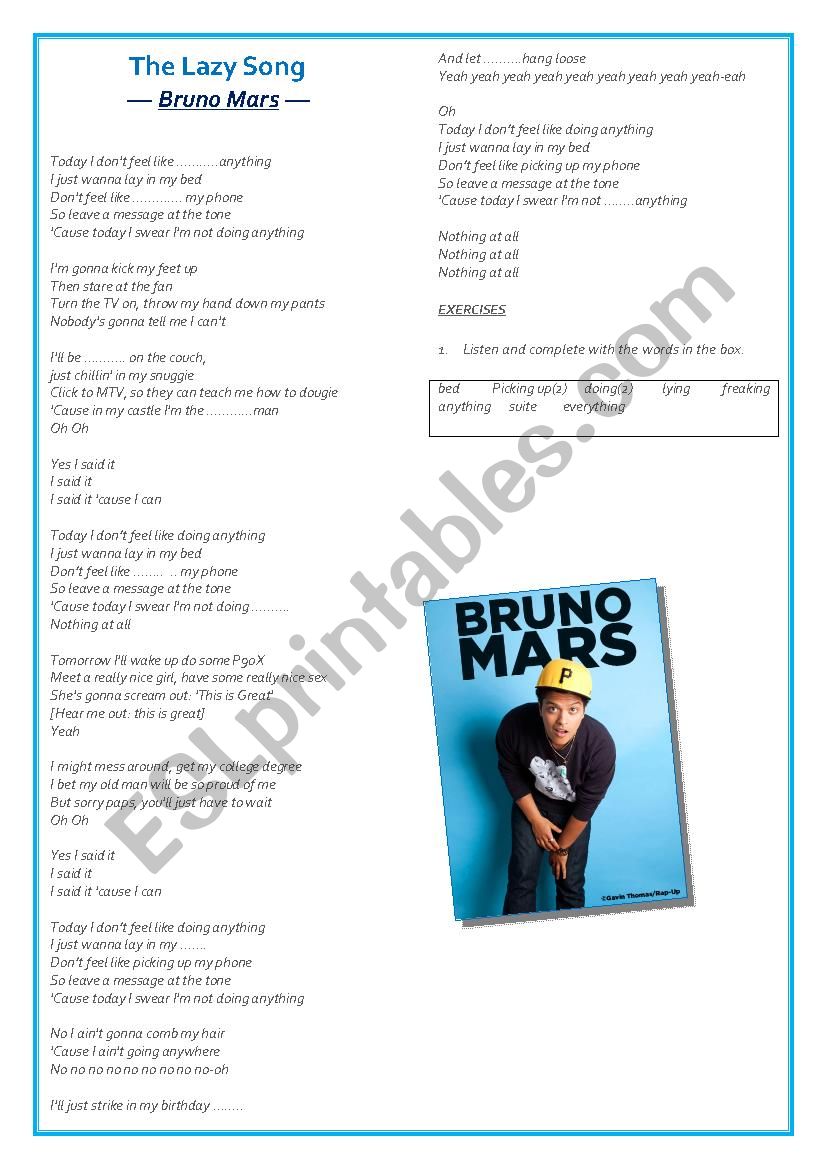the lazy  song worksheet