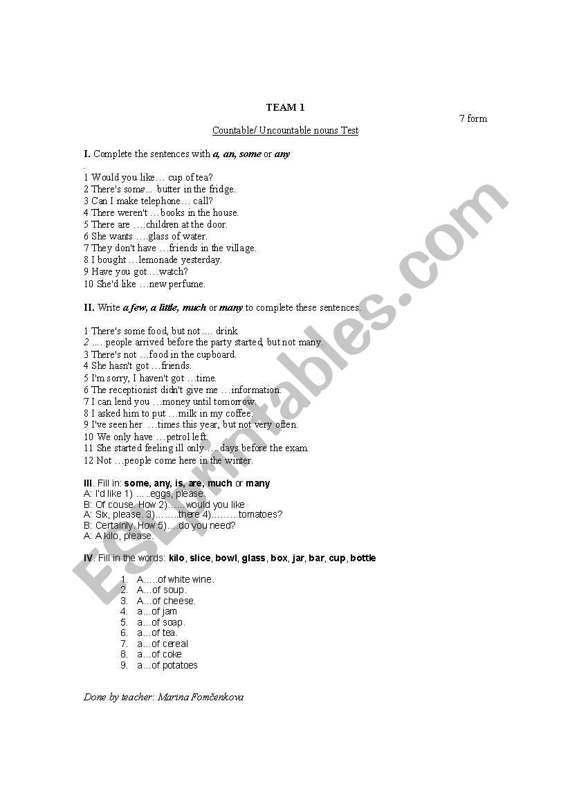 countable/ uncountable nouns worksheet